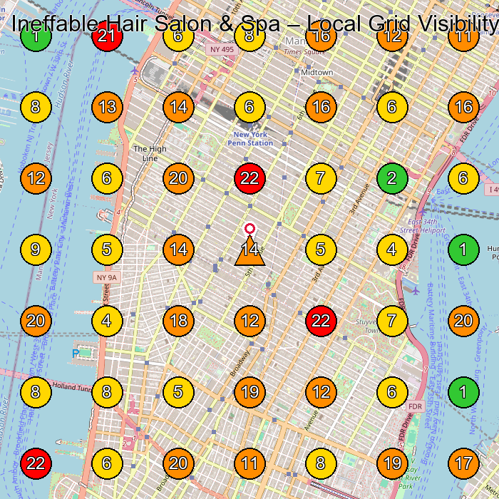 Ineffable Hair Salon & Spa Beauty Salon GeoGrid ranking map for New York NY